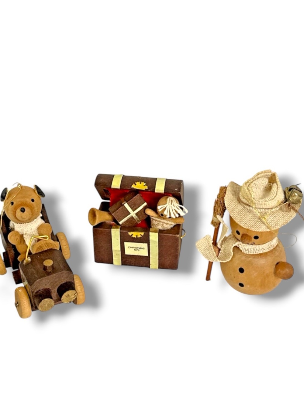 3 1979 Gibson Wooden Ornaments Bear In Car Toy Box Snowman ADORABLE